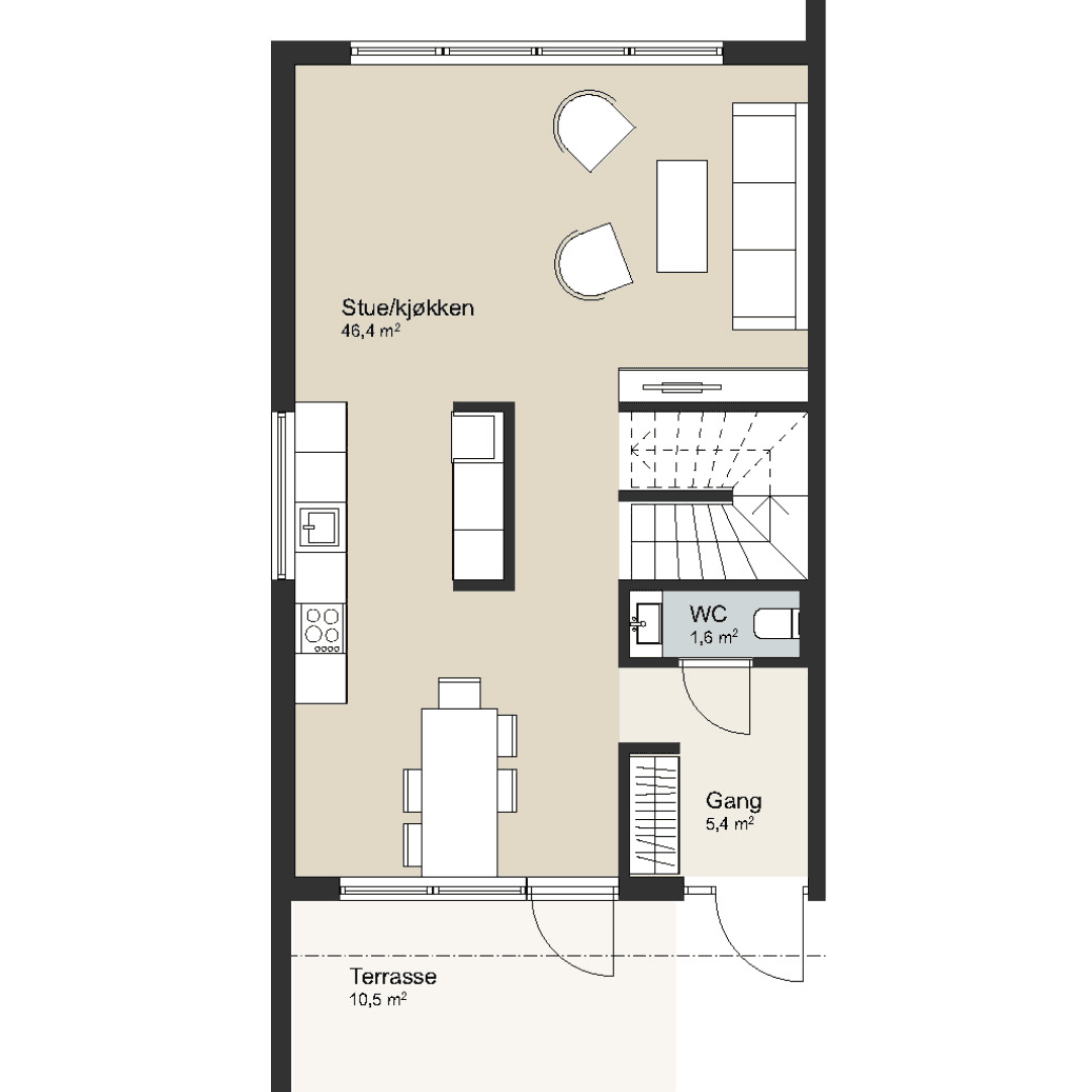 En romslig stue- og kjøkkenløsning på over 46 m² gir god plass til både matlaging, middager og hyggelige stunder. Her finner du også entré og et praktisk gjestetoalett.