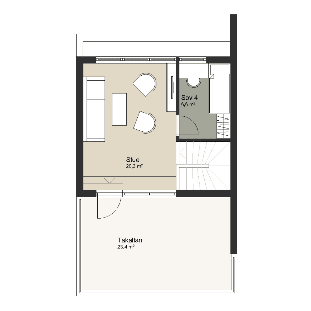 Her venter en ekstra stue på over 20 m², utsikt mot fjellene på andre siden av Gandsfjorden, et fjerde soverom og en herlig takterrasse på hele 23,4 m². Perfekt når du vil trekke deg litt tilbake eller samle venner og familie ute.